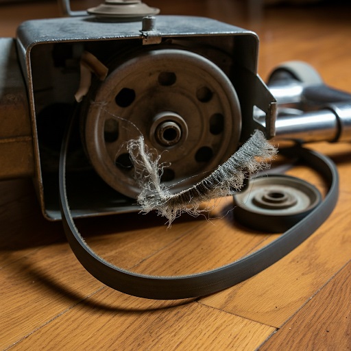 a vacuum cleaner with a broken belt, highlighting one of the major causes of a burnt smell