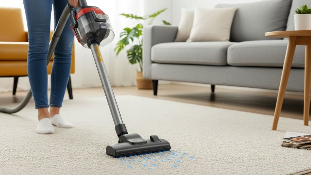 Person using Duck vacuum cleaner on living room carpet with visible suction picking up debris