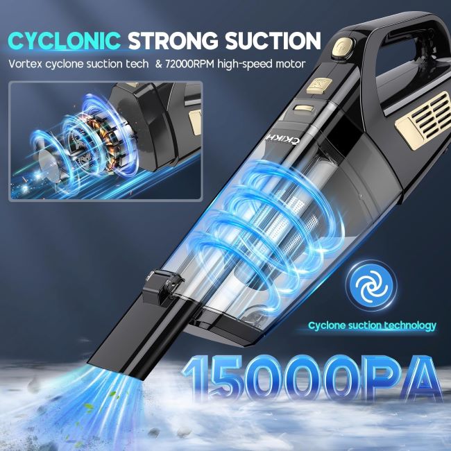 CKIKH Handheld Vacuum – Lightweight cordless handheld vacuum with strong suction and washable filter.