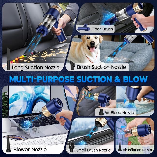 JONYJ Handheld Car Vacuum – Cordless handheld car vacuum with LED light and air duster nozzles.