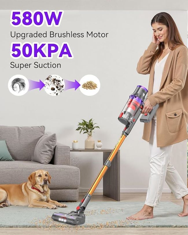 Coovy SU7 cordless vacuum with 50KPa suction, touch screen control, and long runtime for deep cleaning carpets and hardwood floors.