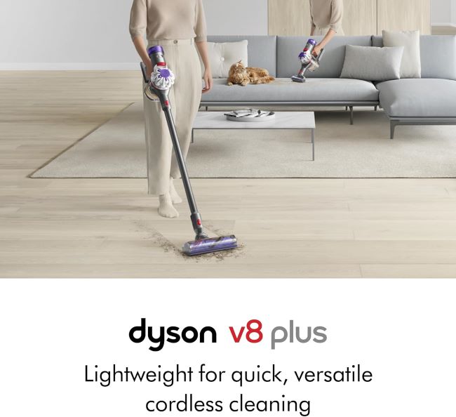 Dyson V8 Plus cordless vacuum with strong suction, detachable handheld mode, and efficient cleaning for carpets and hard floors.