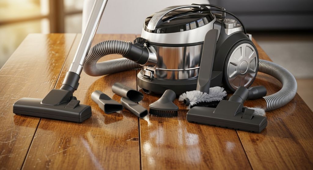 Canister vacuum cleaner with detached hose and attachments on a table