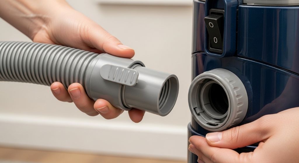 New vacuum hose being attached to a household vacuum cleaner