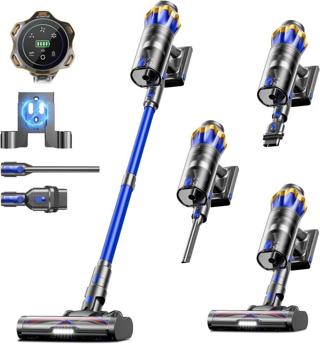 JELLYPIG cordless vacuum cleaner with 55KPa suction, touch screen display, and self-standing design for versatile home cleaning.