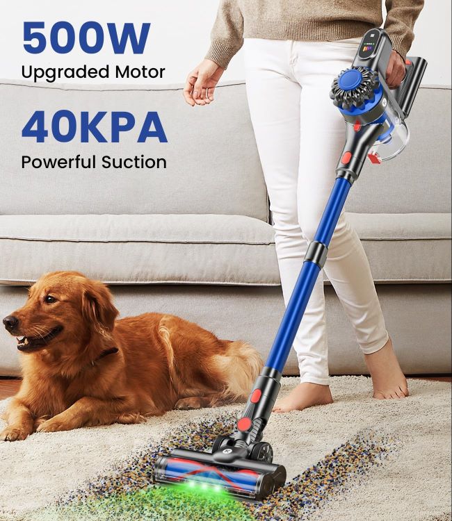 KARDV cordless vacuum cleaner with 500W power and 40KPa suction, lightweight stick design with LED display and anti-tangle brush for pet hair and carpets.