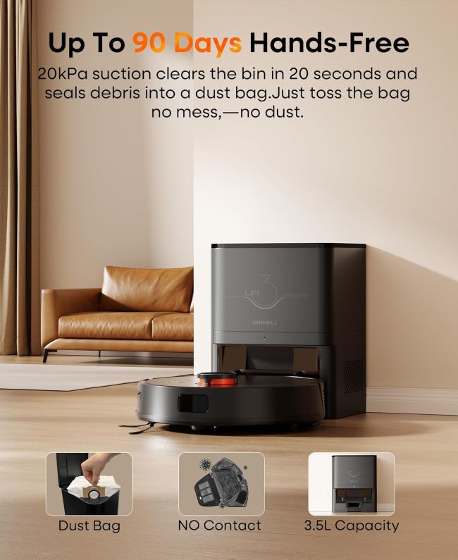 uninell robot vacuum and mop combo with self-emptying system, LiDAR mapping, and long battery life for whole-home cleaning.