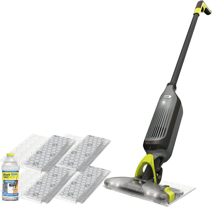Shark VACMOP cordless hard floor cleaner with vacuum and spray mop function, lightweight design, and LED headlights
