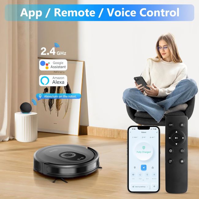 Tikom robot vacuum and mop combo with 5000Pa suction, app control, and long runtime for carpets, hard floors, and pet hair.