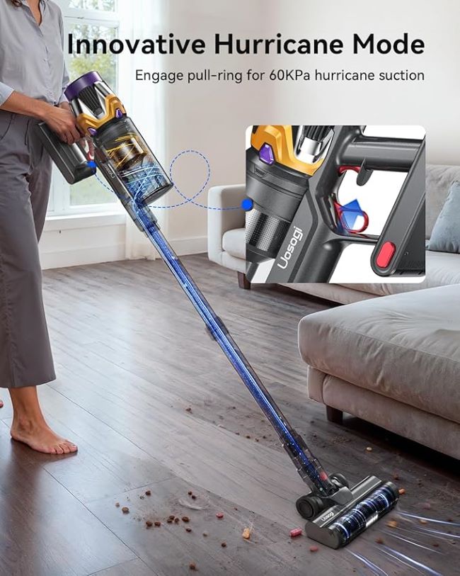 Uosogi cordless vacuum cleaner with 55KPa power, hurricane mode, and large dust cup for heavy-duty pet hair and carpet cleaning.