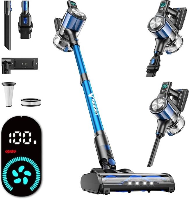 Vacusion cordless vacuum cleaner with 3 suction modes, self-standing design, and efficient cleaning for carpets, pet hair, and hard floors.
