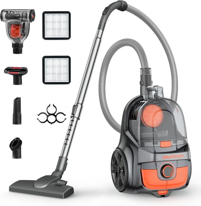 Aspiron 1600W bagless canister vacuum with large capacity, HEPA filter, and multiple attachments for carpets, pet hair, and upholstery