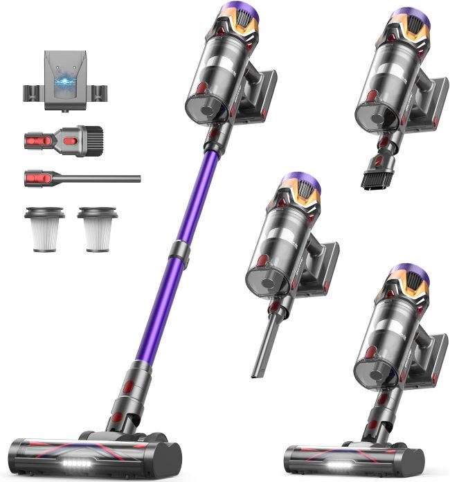 Besweep cordless vacuum cleaner with 55Kpa suction, touch screen controls, anti-tangle brush, and self-standing design