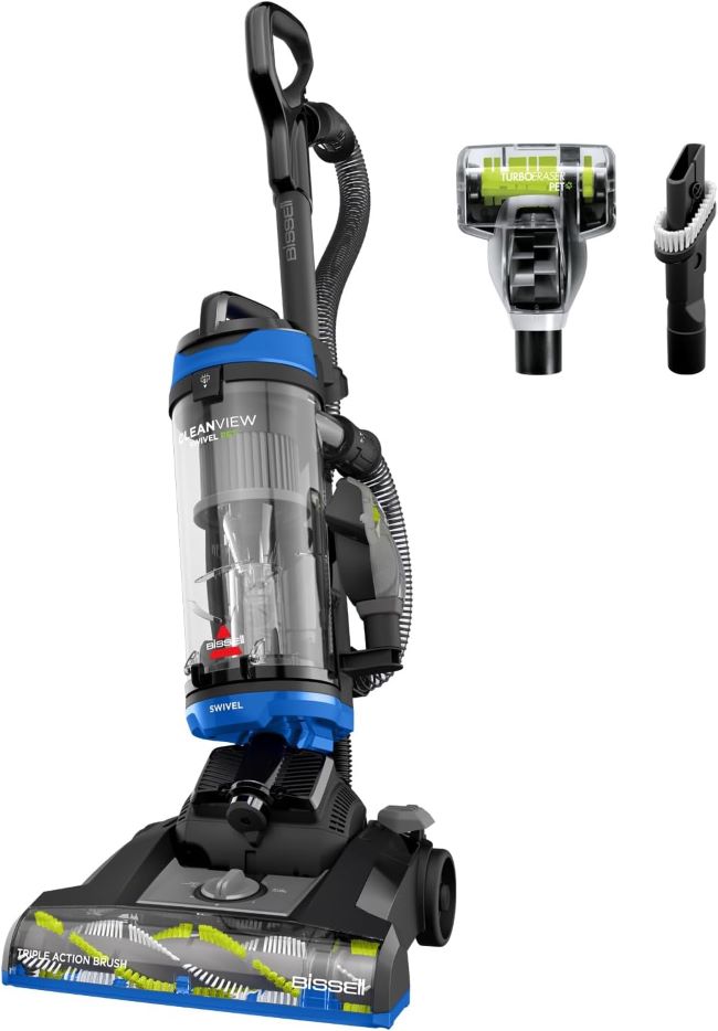Bissell CleanView Swivel vacuum cleaner with triple action brush roll, swivel steering, and easy-empty dirt tank for home cleaning