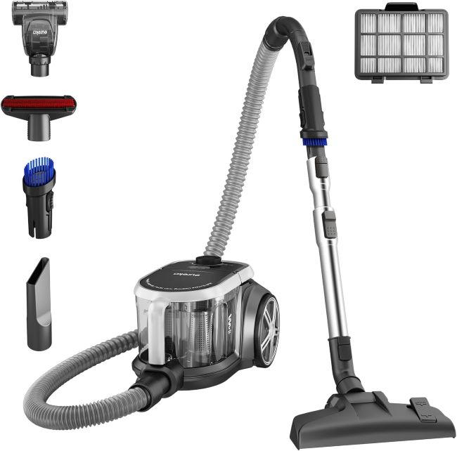 Eureka bagless canister vacuum cleaner in silver and black with lightweight design for carpets and hard floors