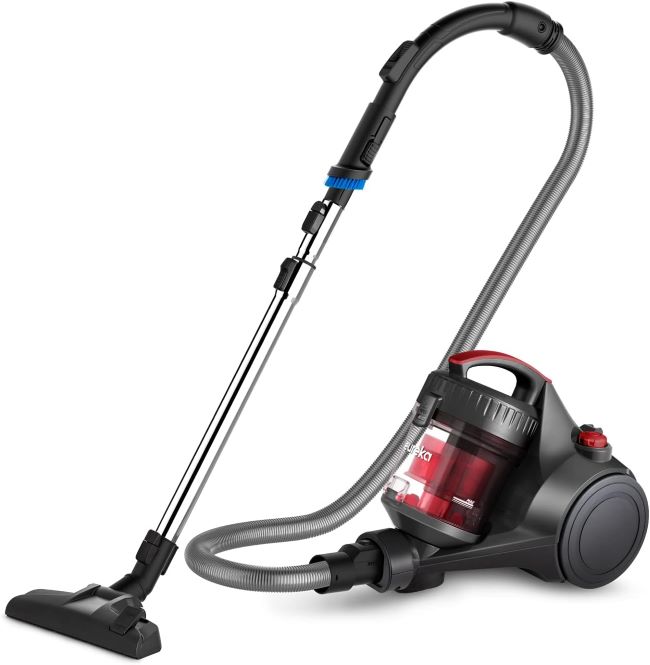 Eureka WhirlWind bagless canister vacuum cleaner in red for easy cleaning on carpets and hard floors with lightweight design