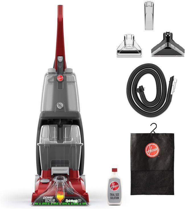 Hoover PowerScrub Deluxe carpet cleaner machine with SpinScrub brushes, heat drying, and upholstery cleaning tools