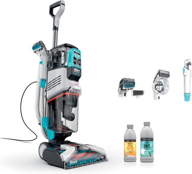Shark CarpetXpert upright carpet cleaner in white with stain eliminator tool for rugs, upholstery, and tough stains