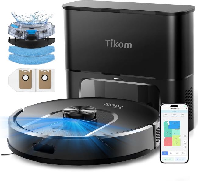 Tikom L8000 Plus robot vacuum and mop with 6000Pa suction, self-empty base, LiDAR mapping, and pet hair cleaning