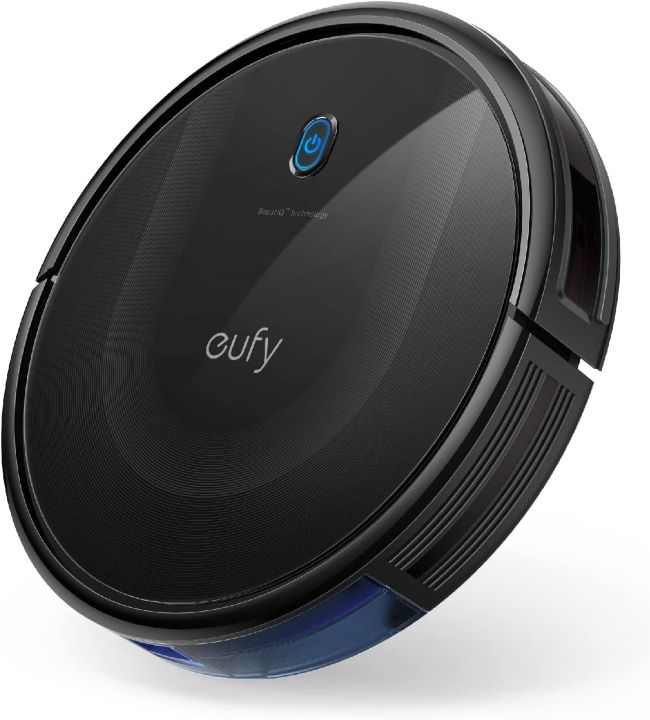 eufy 11S MAX robot vacuum in black with super thin design, quiet cleaning, self-charging, and strong suction power