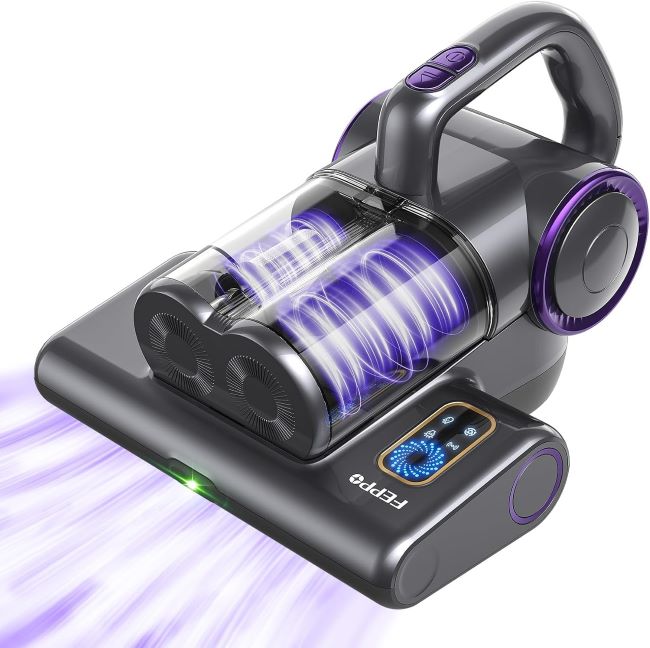 FEPPO handheld mattress vacuum cleaner with UV-C light, HEPA filter, and strong suction for bed and couch cleaning