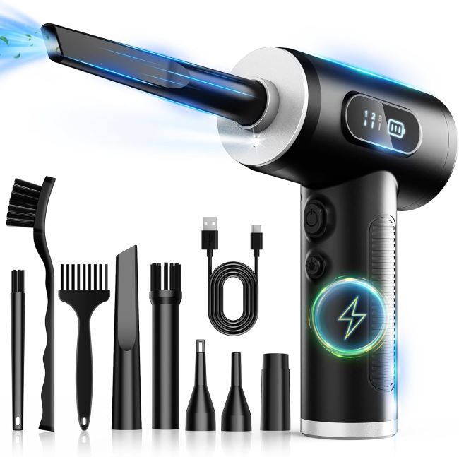 FRESMOL electric air duster with LED light blowing dust from computer keyboard and electronics using high-speed airflow