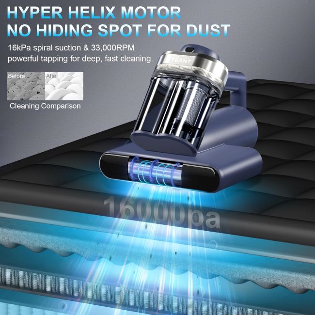 Teant mattress vacuum cleaner with UV-C light, HEPA filter, and strong suction for deep bed and upholstery cleaning