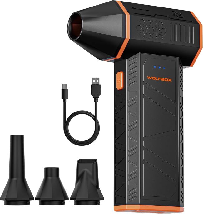 WOLFBOX MegaFlow 50 electric air duster removing dust from keyboards, PCs, and household electronics with strong airflow