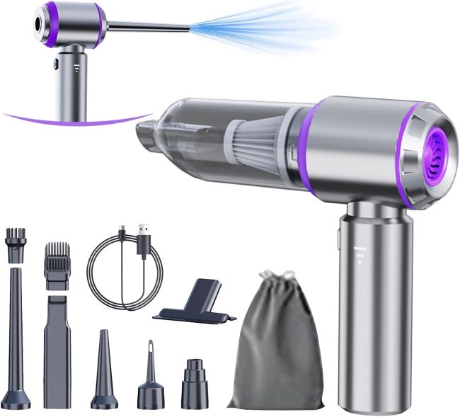 houscly 4-in-1 portable car vacuum and air duster cleaning car seats, office desk, and computer keyboard dust