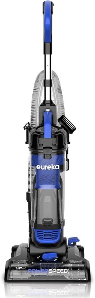 Eureka PowerSpeed upgraded upright vacuum cleaner model in blue and black, designed for strong suction on carpets and hard floors