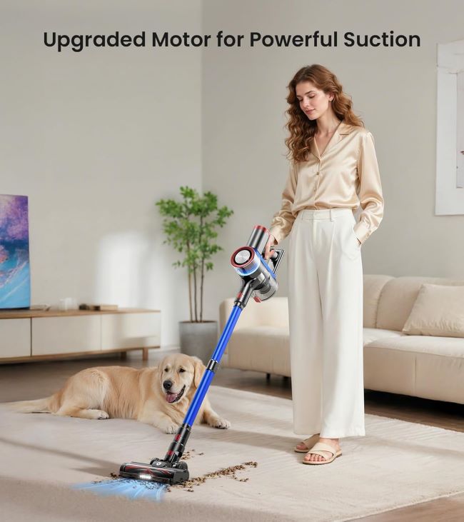 NADALY cordless stick vacuum cleaner with 550W motor, 45KPa suction, LED display, anti-tangle brush, and 65-minute runtime for home cleaning
