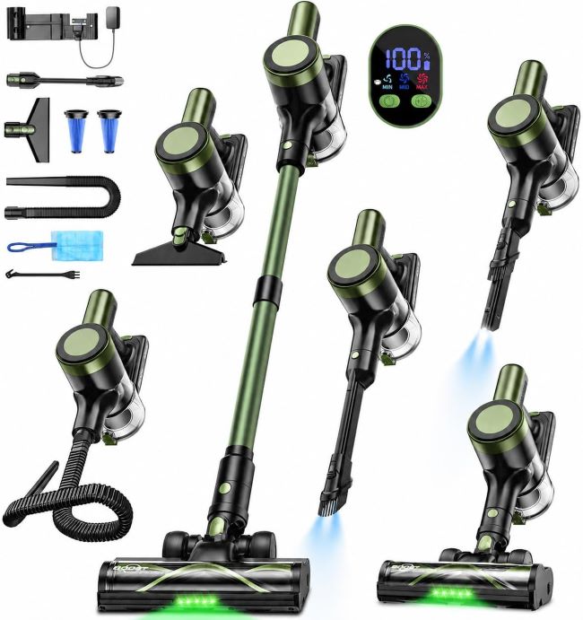 OIRFND cordless stick vacuum cleaner with 58KPa suction, 10-in-1 attachments, LED lighting brush, and anti-tangle design for versatile home cleaning