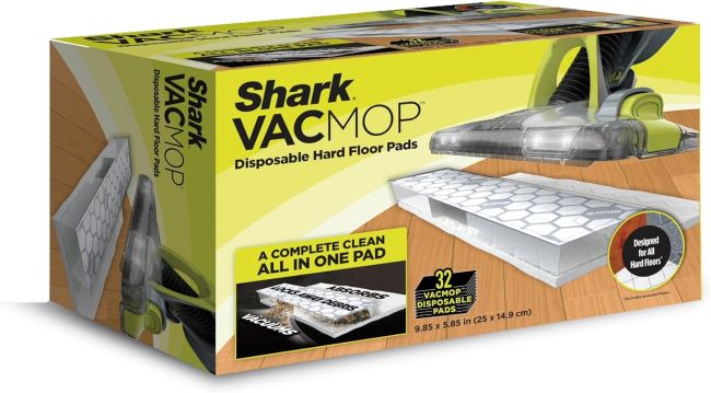 Shark VACMOP disposable hard floor pad refills (VMP32) designed for sealed floors including hardwood, tile, laminate, and stone cleaning