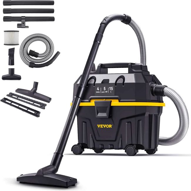 VEVOR wet and dry shop vacuum cleaner with 4-gallon tank, 5 peak HP motor, blower function, and attachments for car and workshop cleaning