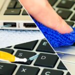Close-up of keyboard and PC components being dusted safely with compressed air