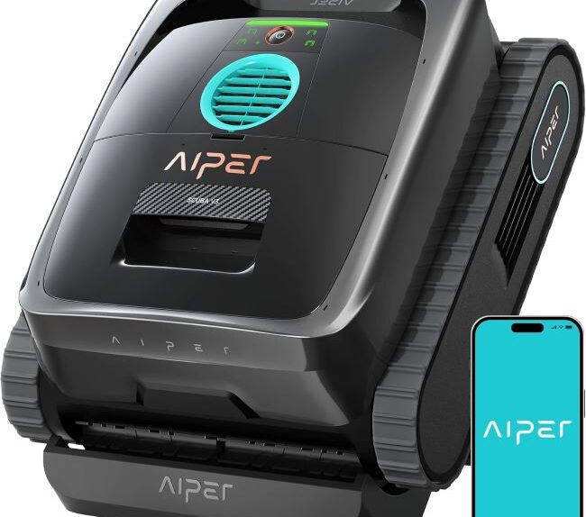 AIPER Scuba V3 AI Vision cordless robotic pool cleaner cleaning a residential swimming pool in Texas