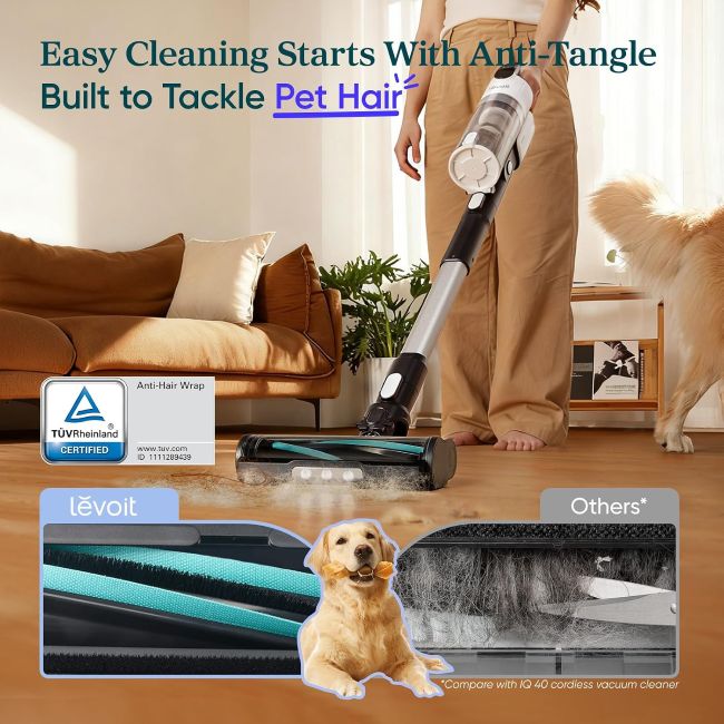 Levoit cordless stick vacuum cleaning dust, pet hair, and debris from floors