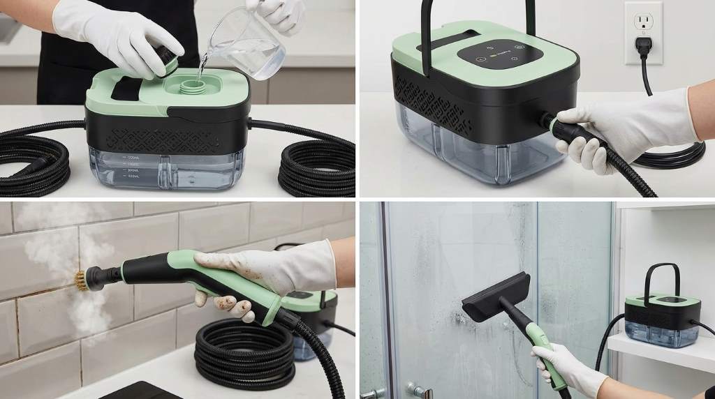 Inspecting steam cleaner safety cap and funnel on countertop
