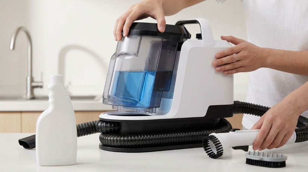 Rinsing dirty recovery tank under running sink tap water