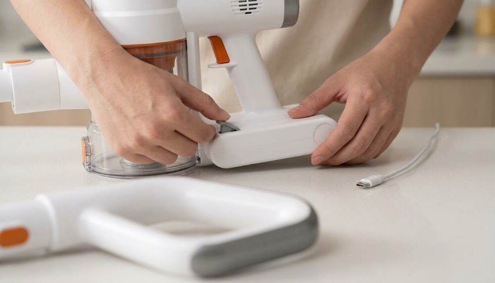 Tikom V500 cordless stick vacuum cleaner standing in modern living room